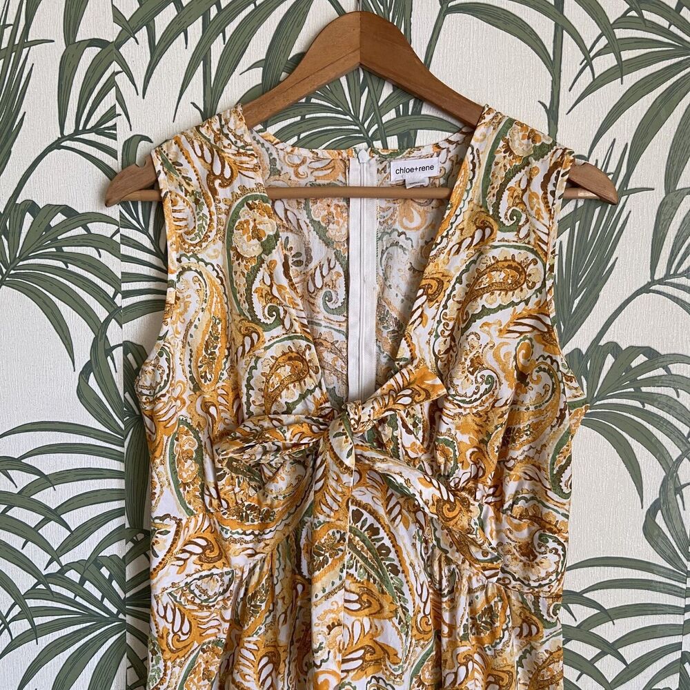 Chloe + Rene Tie V Neck Gold Green Paisley 100% Cotton Maxi Dress Size Small - Picture 2 of 10